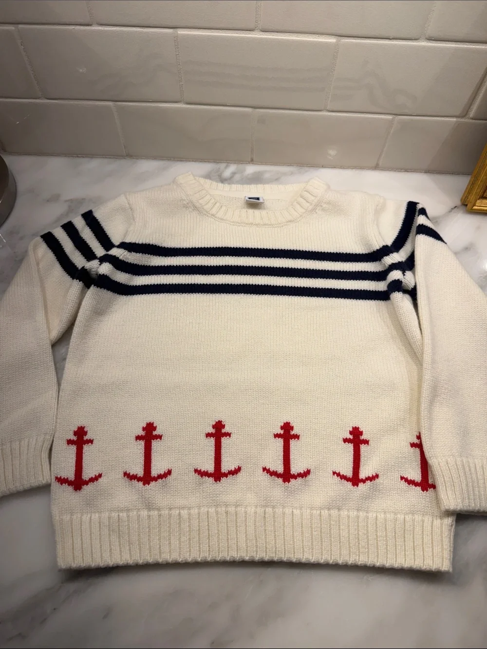 Janie and Jack Cream Knit Sweater with Navy Stripes and Red Anchors